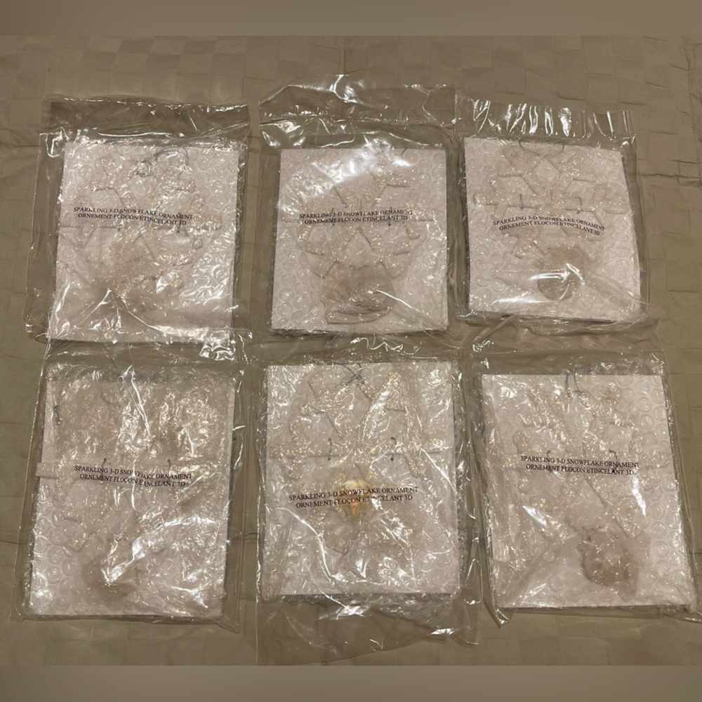 Six Sparkling 3D Snowflake Ornaments With Hanging Gemstones